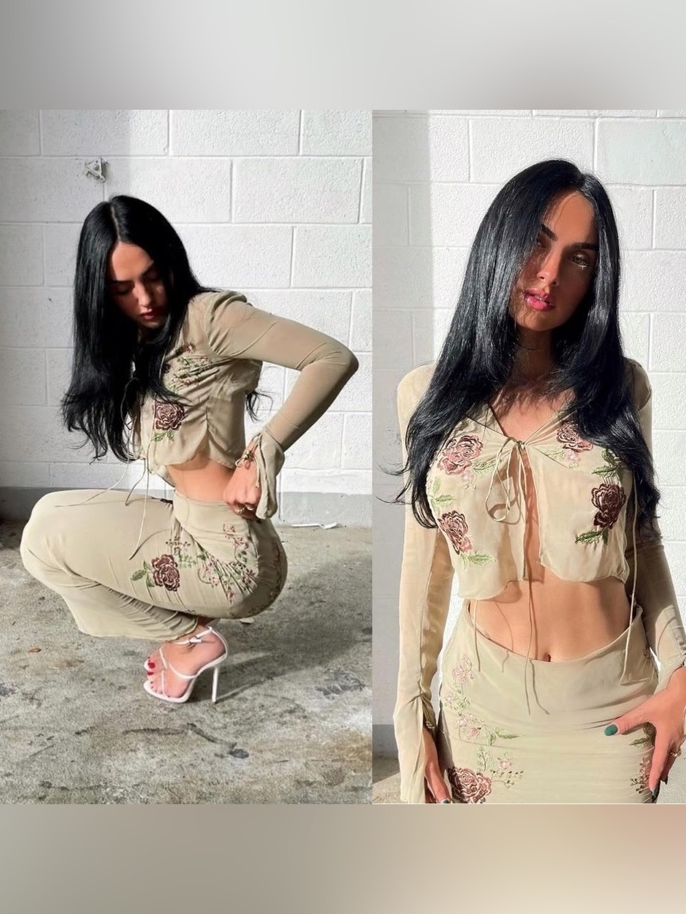 Set House of CB Asra Tie Front Top & Lailah Skirt in Artichoke